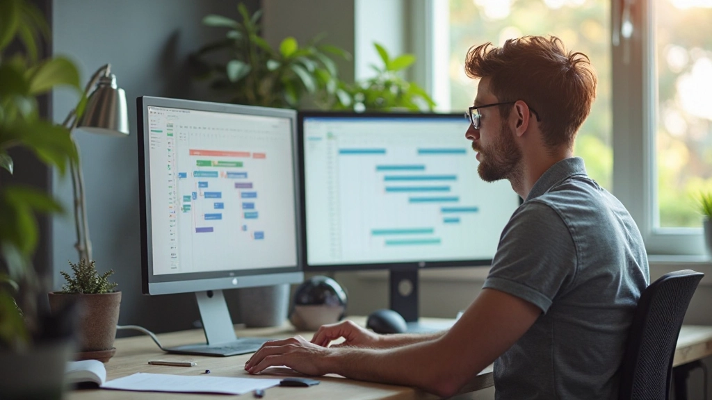 Designer working on project timeline with Gantt chart on computer screen in focused workspace