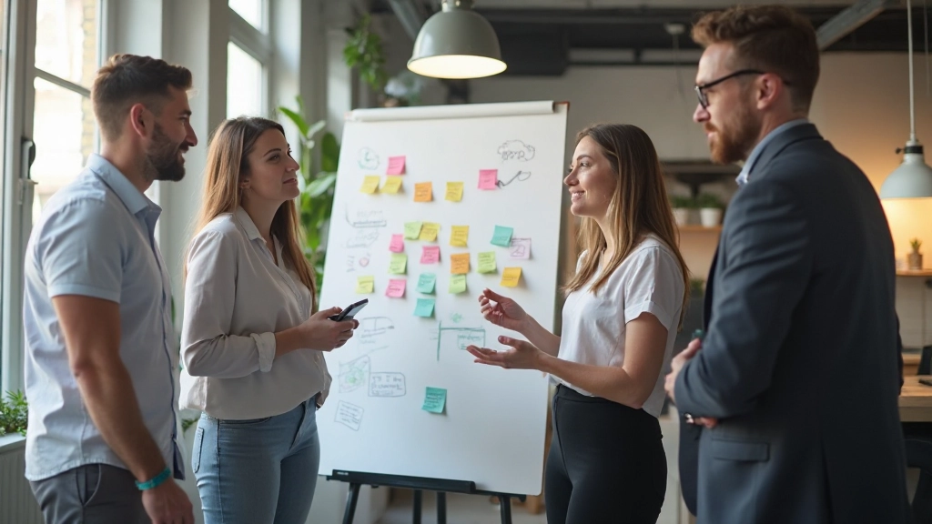 Team van ontwerpers en developers werken samen aan een designproject met sticky notes en wireframes op een groot whiteboard