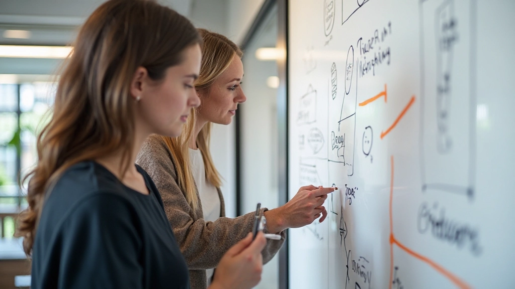Teamleden bespreken design system componenten op whiteboard met schetsboek en kleurenpalet