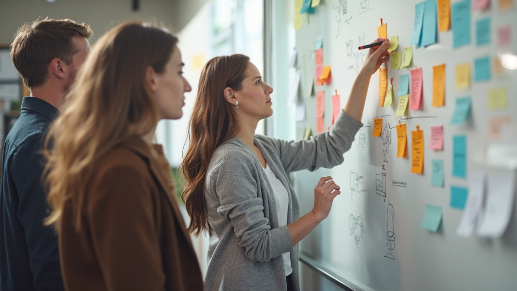 Team van ontwerpers in brainstormsessie met notities en schetsen op whiteboard