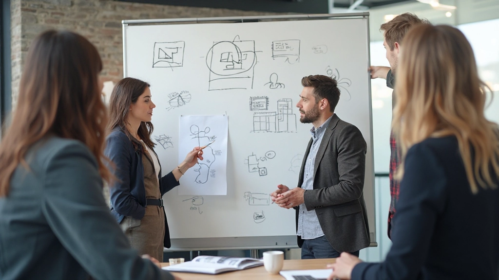 Team samenwerkt rond whiteboard met designconcepten en wireframes