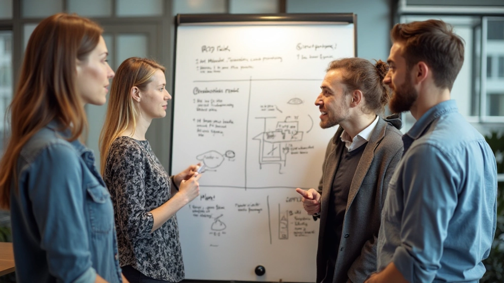 Designteam brainstormt rond whiteboard vol gekleurde notities en schetsontwerpen