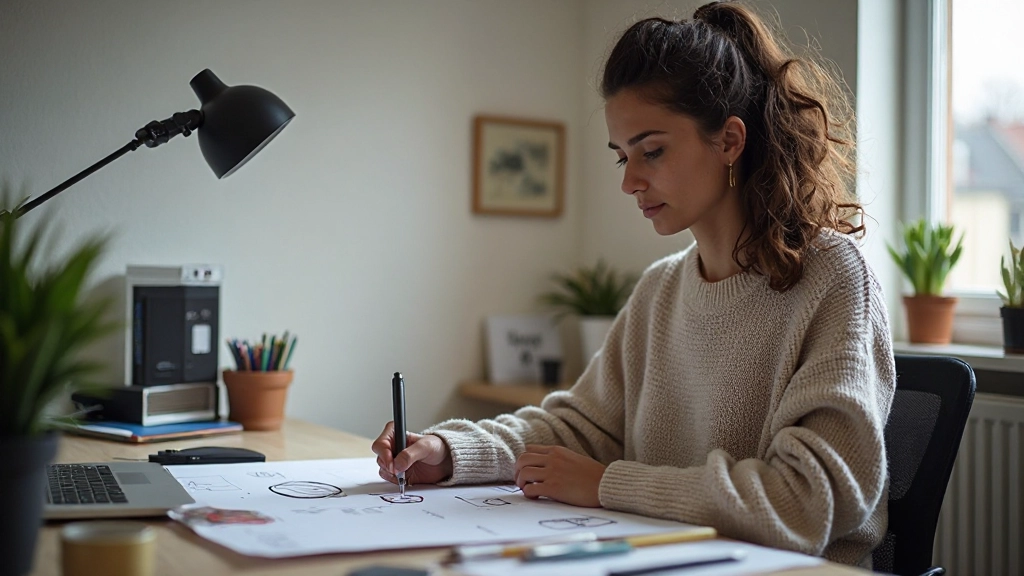 Designer working on digital layout with color palette and sketches