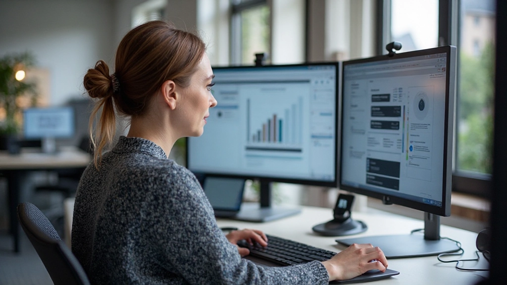 Designer werkt aan design system in moderne kantoor met meerdere monitors