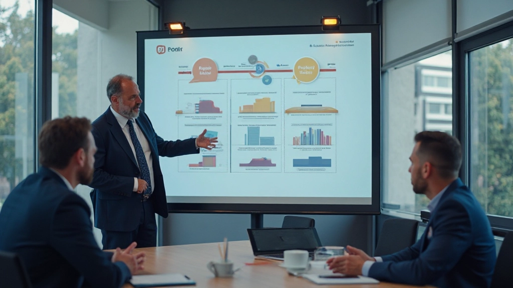 Client presentation meeting with timeline displayed on projection screen in professional setting