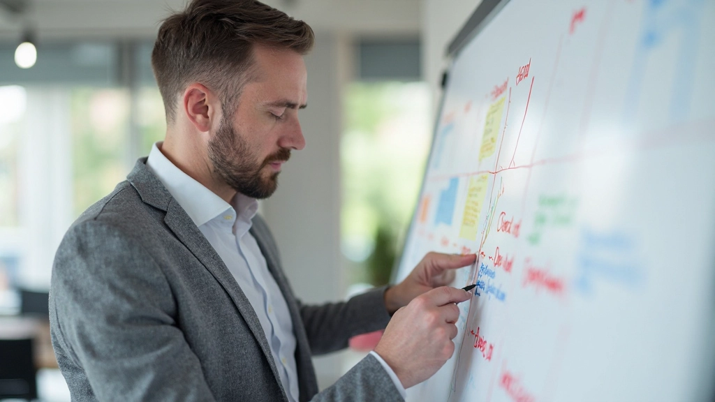 Project manager die een projecttijdlijn op whiteboard uitzet met verschillende fases en milestones