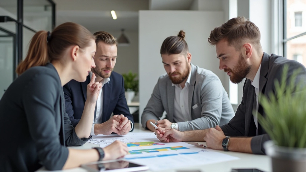 Design planning meeting with professionals reviewing project scope and objectives