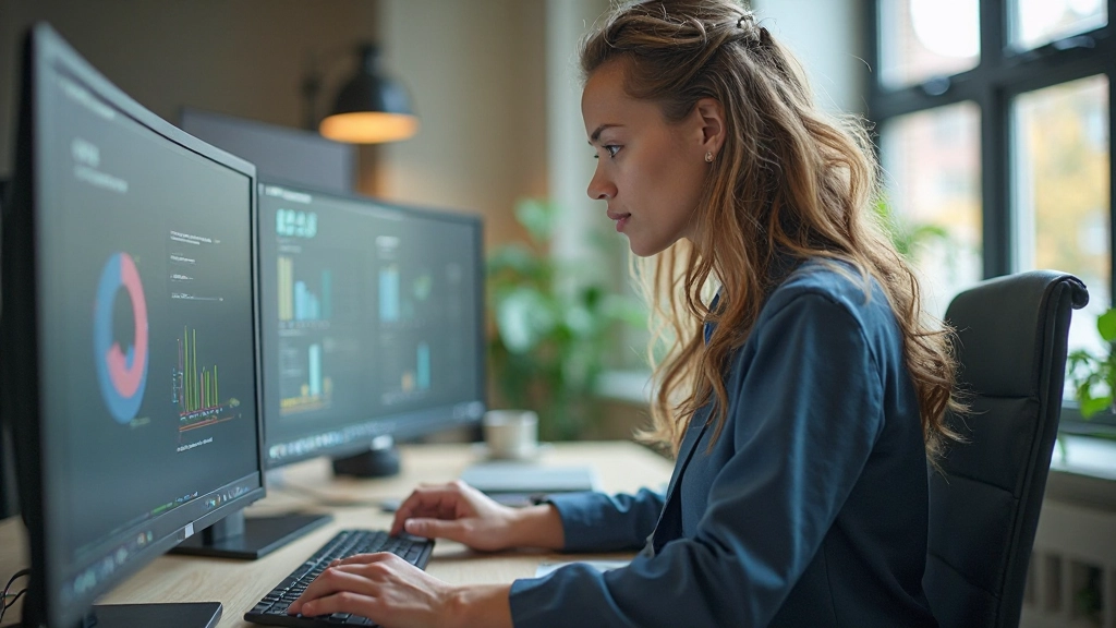 Designer die gebruikersonderzoeksgegevens analyseert op groot scherm in modern kantoor