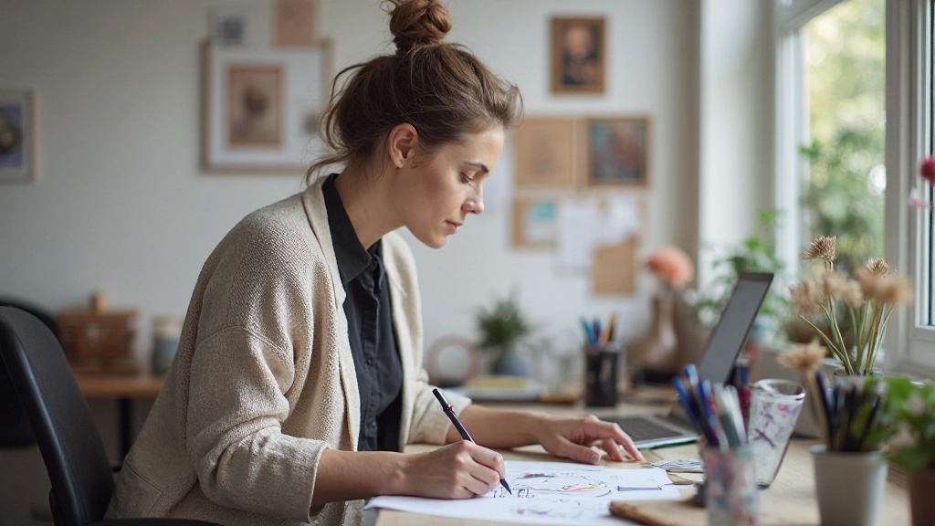 Creatieve designer aan het werk op moderne designworkstation met sketchpads en digitale tools